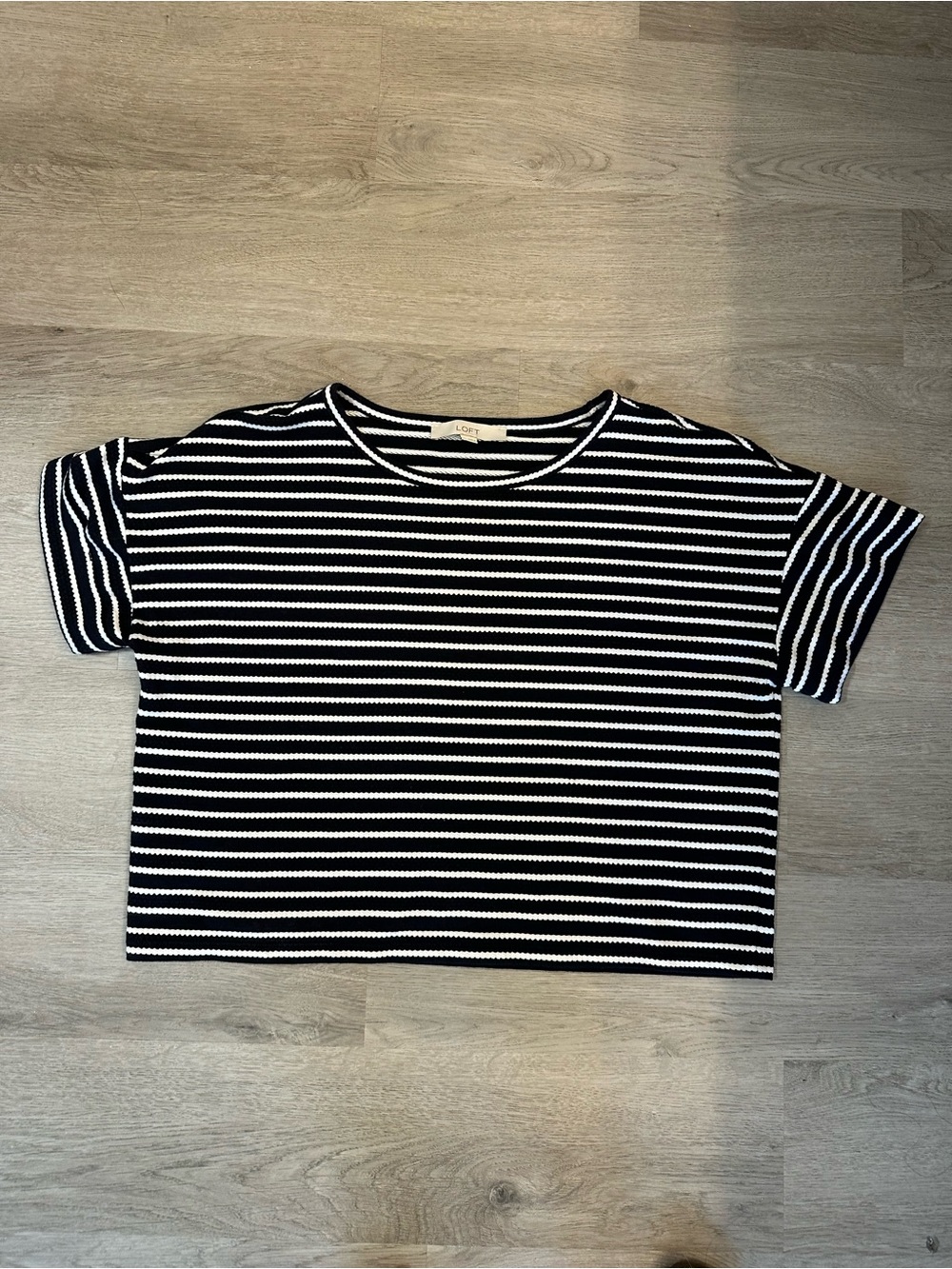 LOFT Black and White Striped Short Sleeve Crop Tee
